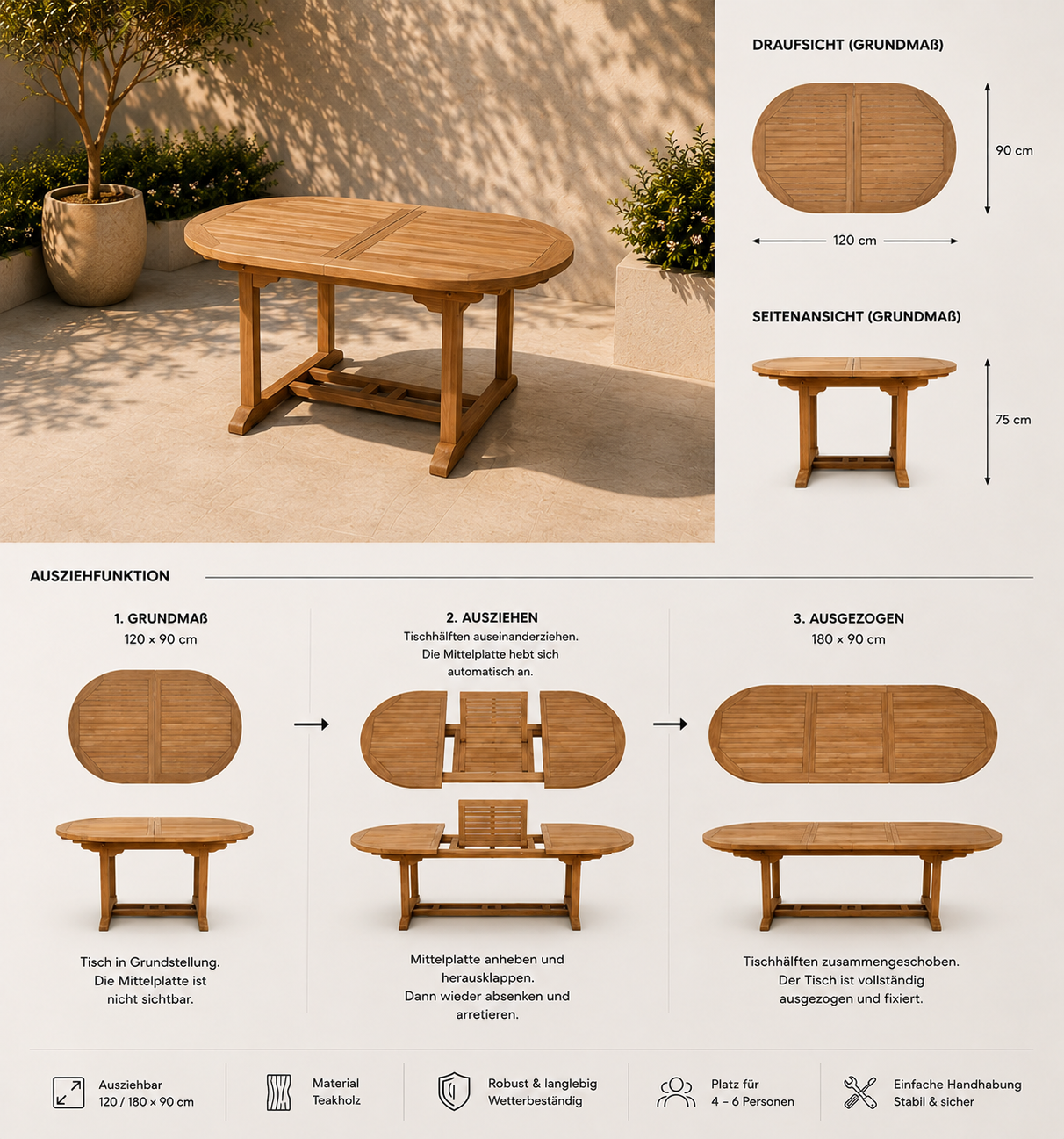 Gartentisch Oval, Massive Teak Tisch