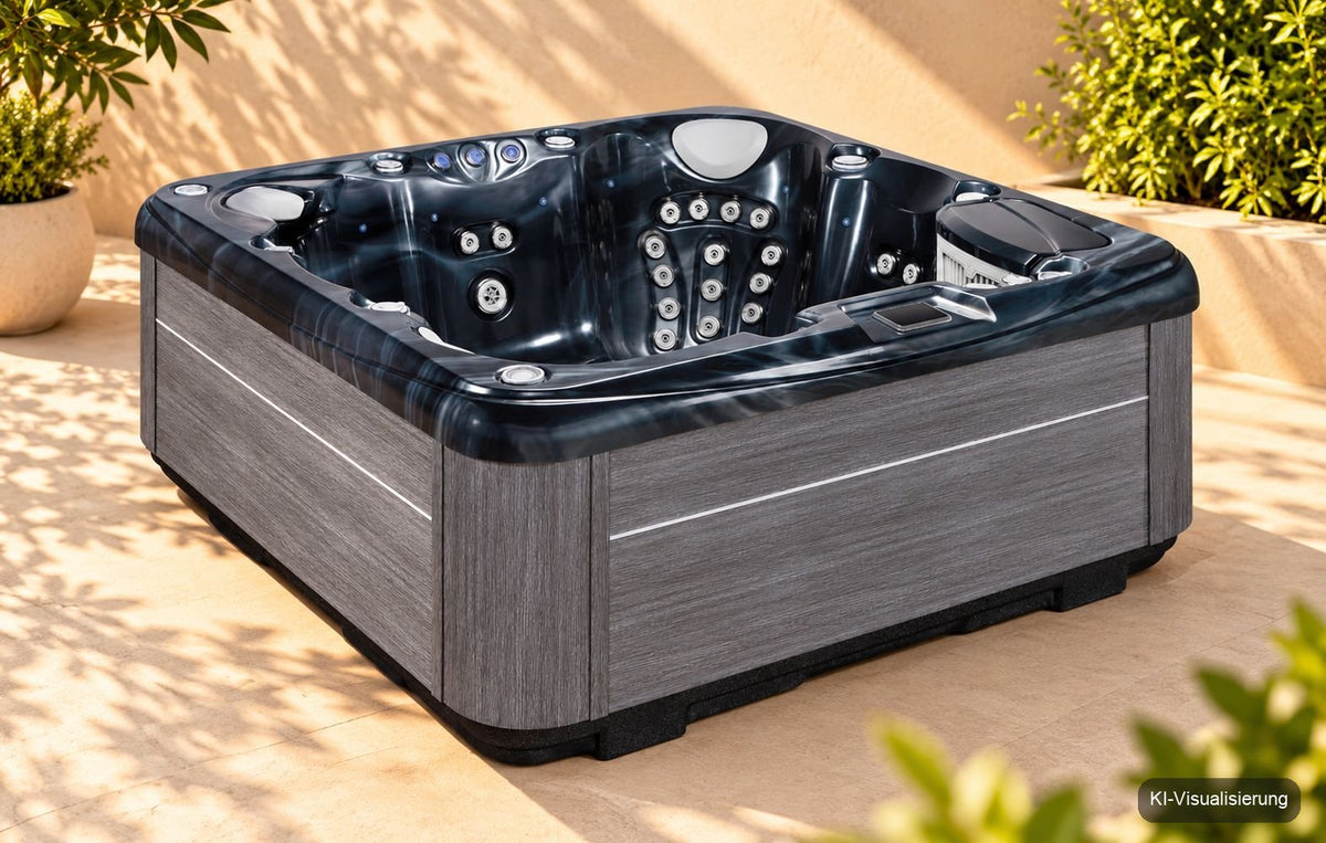 KI-Visualisierung: Whirlpool Harmony mit dunkler Acrylwanne und Verkleidung Dark Grey auf einer sonnigen Terrasse