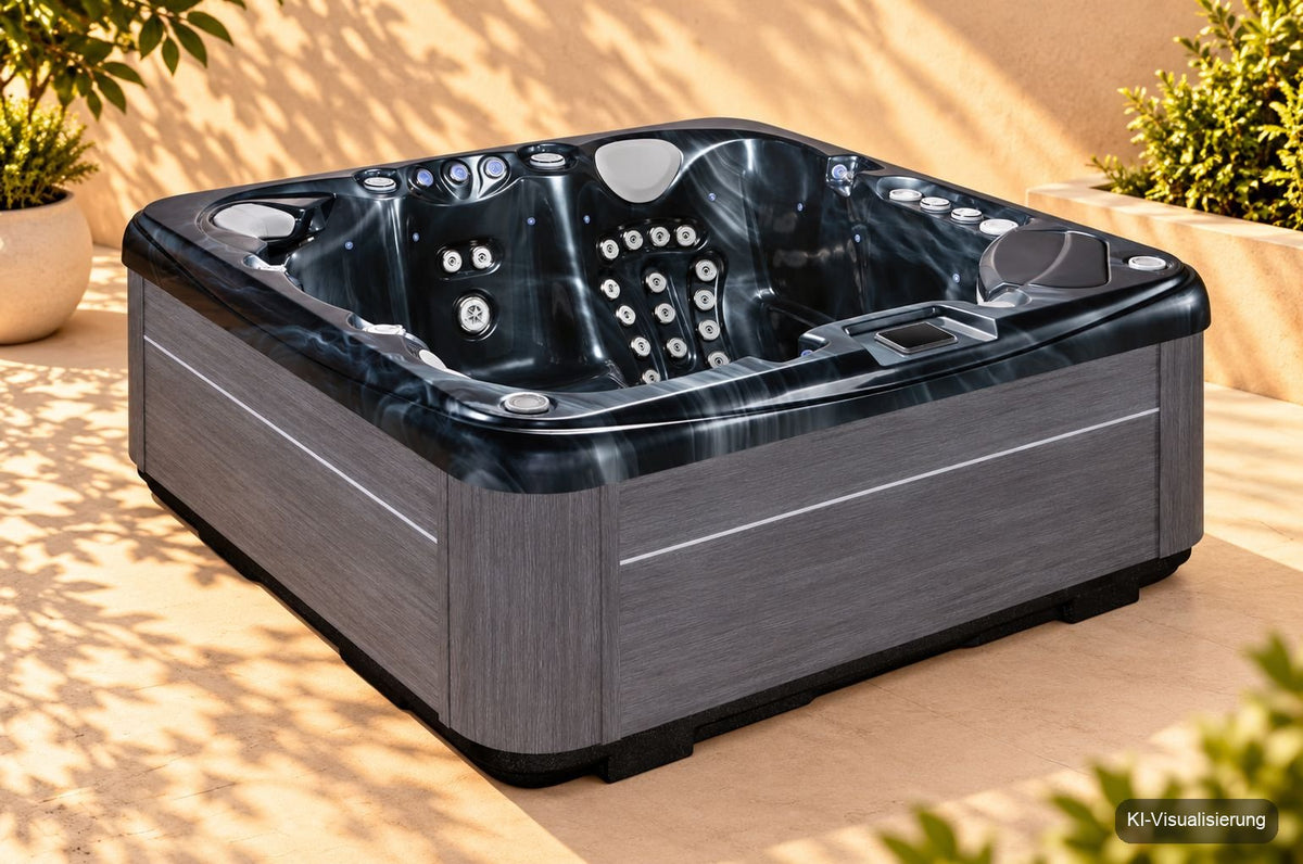 KI-Visualisierung: Whirlpool Oasis mit dunkler Acrylwanne und Verkleidung Dark Grey auf einer sonnigen Terrasse